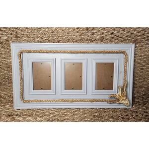 Blue Wood 13X23.5" Nautical Rope Picture Frame Beach House Decor 3- 4X6" Photos